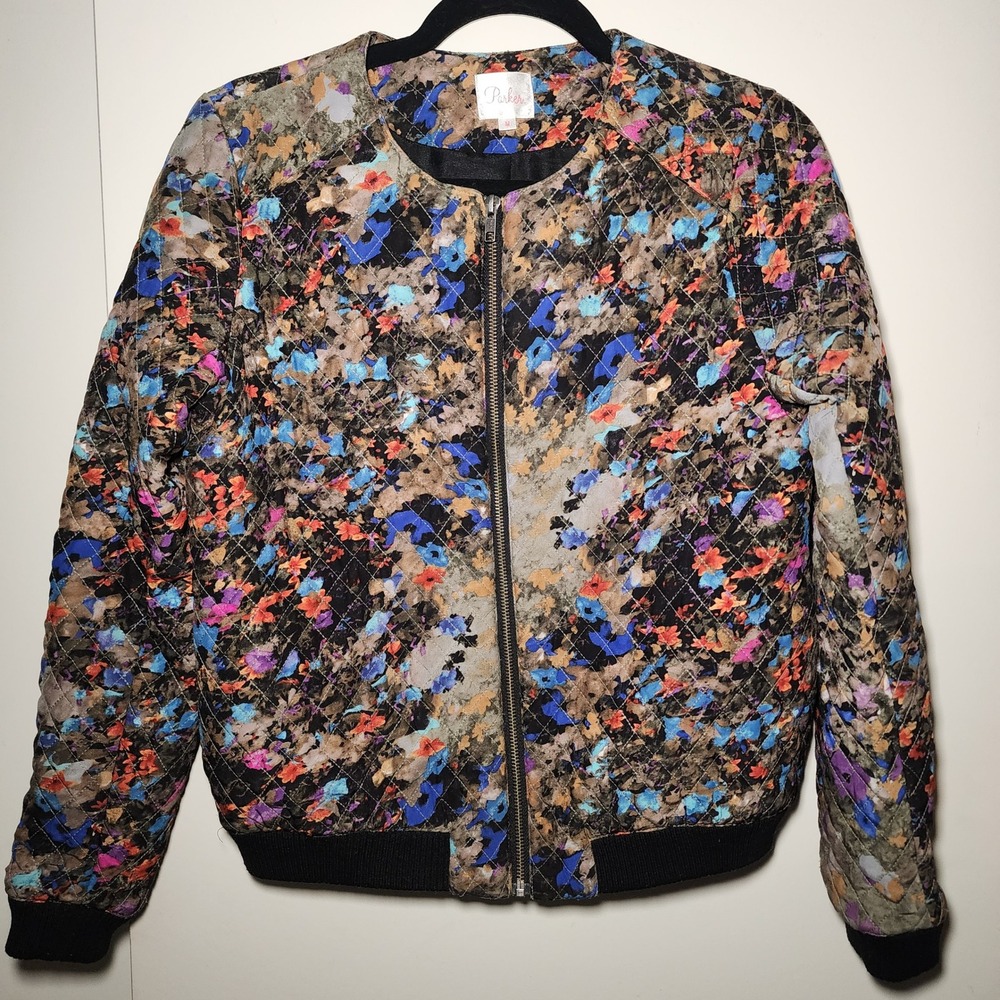 Parker Bomber Jacket Womens Medium Multi Silk Quilted Abstract Floral Excellent